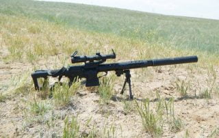 Hunting rifle with bipod in a field