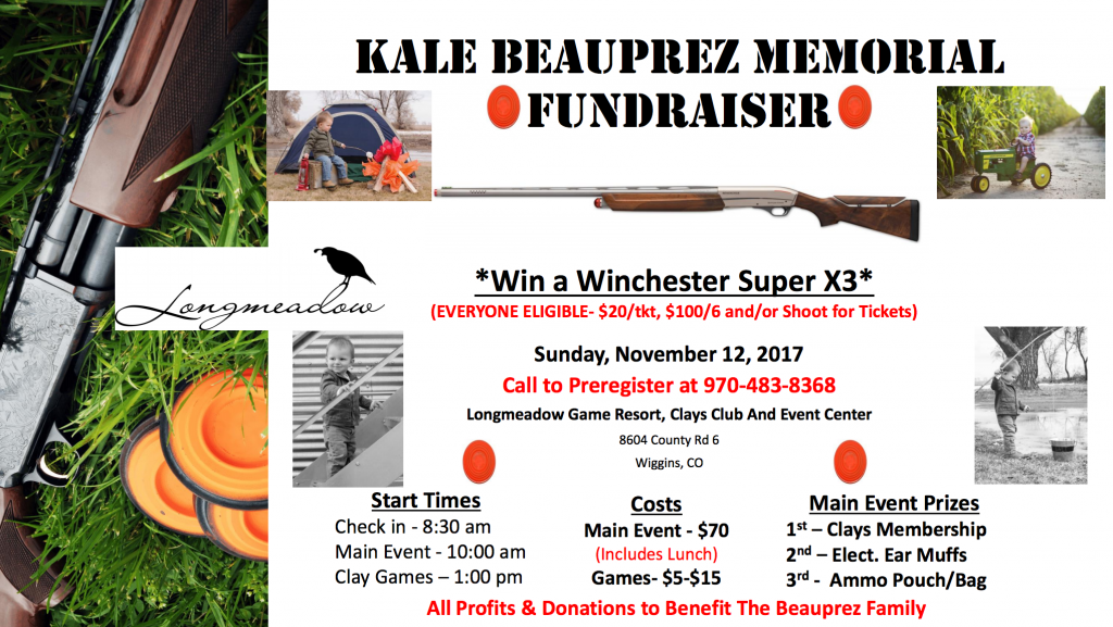 An event flyer for the Kale Beauprez Memorial Fundraiser Shoot at Longmeadow Clays Club